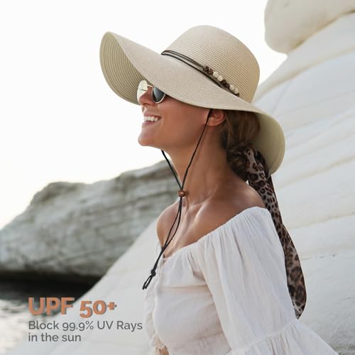 Womens Floppy Straw Sun Hat Wide Brim UPF 50 Sun Protection Packable Summer Beach Hats with Wind Lanyard - color: Beige, size: Medium