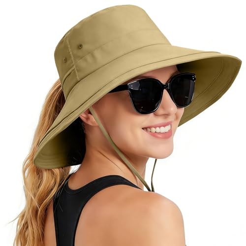Rosoz Women Sun Hat with Ponytail Hole Wide Brim Bucket Hats UPF 50+ Beach Hiking Gardening Hat Water-Resistant Outdoot Hat - color: Khaki