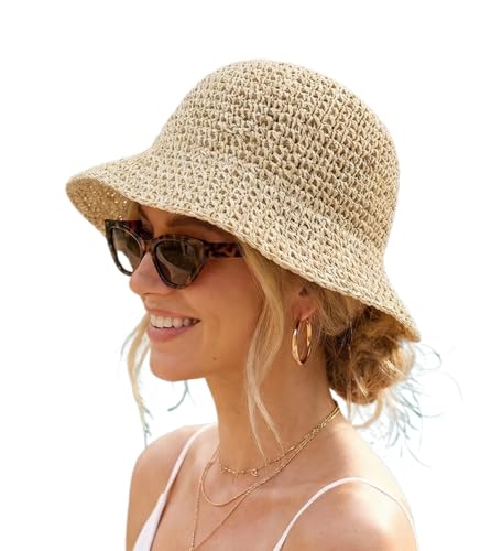 Women Straw Sun Hat Packable Foldable Floppy Wide Brim Beach Bucket Hat UV Protection Travel Vacation Accessories - color: Beige