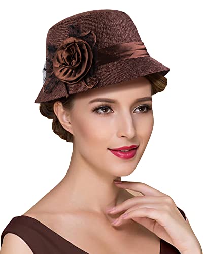 1920s Gatsby Church Cloche Derby Hats for Women Ladies Bow Bucket Wedding Bowler Hats Tea Party - color: Brown