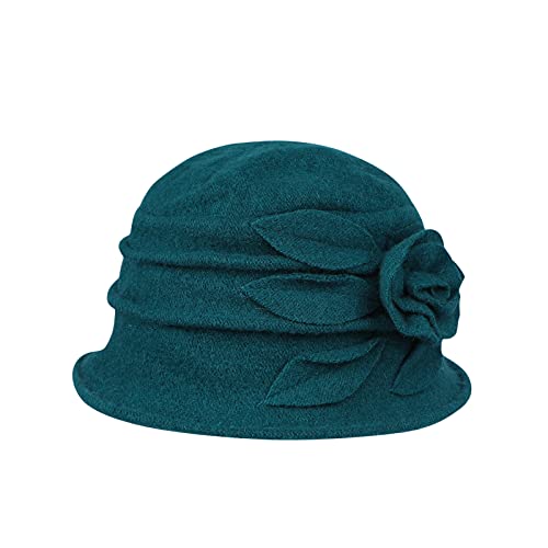 Wool Cloche Bucket Hat for Women 1920s Floral Bowler Cap Elegant Church Dress Cap Winter Warm Fedora Hat - color: Green