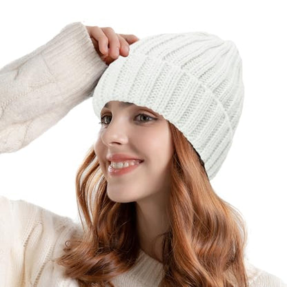 ZOORON 1&2 Winter Beanie for Women Soft Warm Slouchy Knit Hat Ski Stocking Cuffed Cap - color: White
