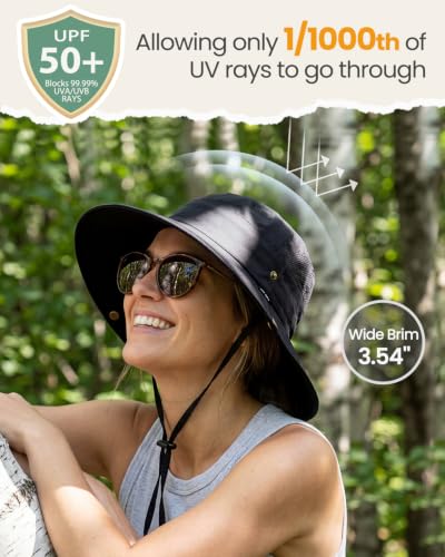 2-in-1 Womens Bucket Sun Hats, Sun Visor Hat, UPF 50+ Wide Brim, Ponytail-Friendly, Packable, Hiking Outdoor - color: Black