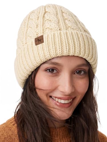 Winter Hats for Women Cable Knit Chunky Skull Cap Fleece Lined Thick Fold Cuff Beanie hat - color: Oatmeal, style: Cross Jacquard