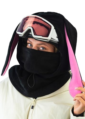 Fleece Balaclava Over Helmet - Warm Helmet Ninja Hood - Snowboard Hooded Hat Neck Gaiter Ski Mask - color: Black&pink|bunny, size: One Size