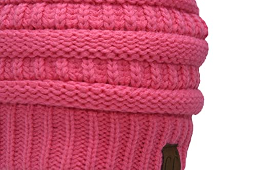 C.C Trendy Fuzzy Fleece Lined Warm Comfortable Soft Stretch Cable Knit Ribbed Faux Fur Pom Pom Beanie Hat - color: Candy Pink