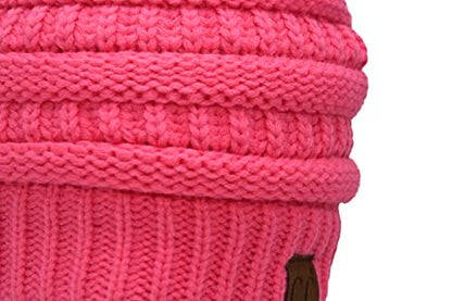 C.C Trendy Fuzzy Fleece Lined Warm Comfortable Soft Stretch Cable Knit Ribbed Faux Fur Pom Pom Beanie Hat - color: Candy Pink