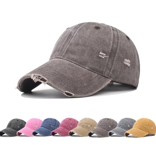 YuMENo Distressed Baseball Cap for Women Men Vintage Washed Cotton Low Profile Adjustable Dad Hats - color: Coffee