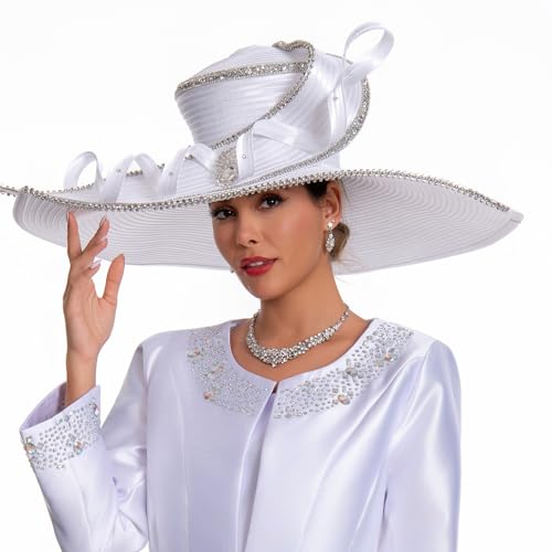 Women's Dramatic Giant Wide Brim Rhinestone Church Hat Statement Turban Fascinator for Wedding Chapel Baptist Sunday - color: 17-white