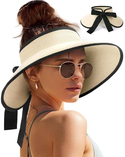 Camptrace Women's Straw Sun Visor Hat UPF Wide Shade Ponytail Summer Hat - color: Beige