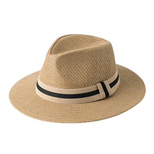 Mens Wide Brim Summer Straw Fedora Beach Sun Hats Panama - color: Khaki