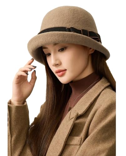 Women Vintage Felt Cloche Hats Winter Fall Solid Fedora Bucket Caps Elegant Bowler Hat Bowknot - color: Camel