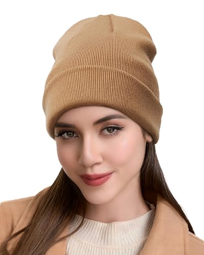 ROYBENS Satin Lined Beanie Hat for Women Men, Wool Knit Cuffed Winter Hats - color: 1pcs Light Coffee