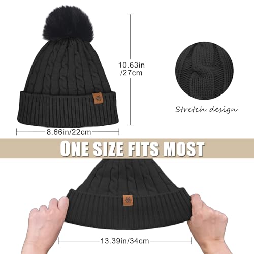 Winter Beanie Hats for Women Pom Pom Wool Cable Knit Thermal Fleece Warm Faux Fur Beanies for Cold Weather - color: Black