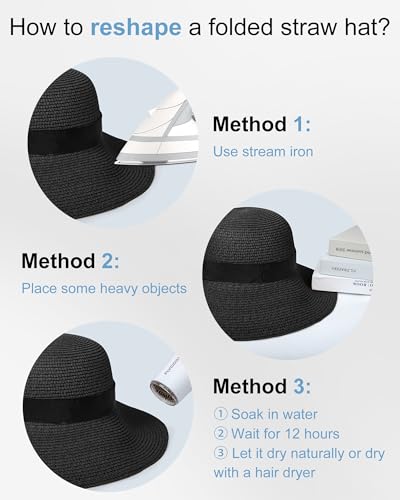 Sun Straw Hats for Women, Wide Brim Summer Beach Hat - color: Black, size: Large