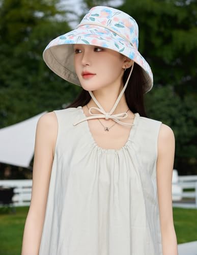 HUAMULAN Women Wide Brim Reversible Sun Hat Summer Beach Fishing Bucket - color: Lightblue Floral
