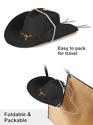 Straw Cowboy Sun Hat Western Cowgirl Women Men with Windproof Chin Strap - color: 블랙.