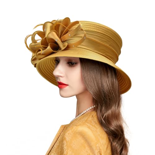 2026 Bucket Hats for Women Ladies Girls, Autumn Winter Fascinator Hat for Derby Kentucky Church Bridal UV Protection - color: A-4585gold