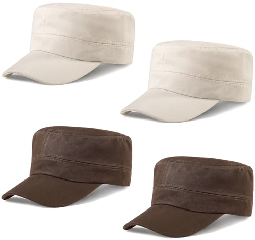 Glamorstar Unisex Cadet Army Hats 4 Pieces Military Flat Top Newsboy Cap - color: 2 Beige + 2 Brown