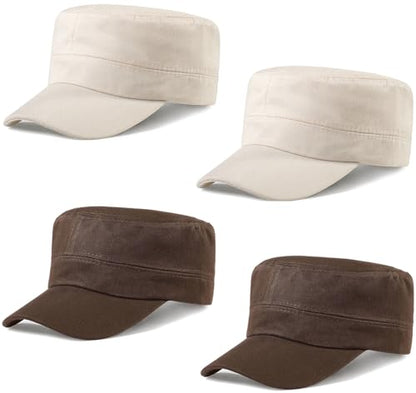 Glamorstar Unisex Cadet Army Hats 4 Pieces Military Flat Top Newsboy Cap - color: 2 Beige + 2 Brown