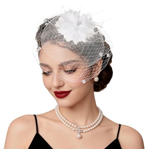 Fascinators Hats Tea Party Hats for Women Feather Veil Headband Vintage Lace Cocktail Headwear Bridal Wedding Veil Retro Hat - color: White