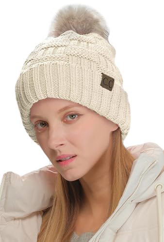 C.C Knit Beanie Hat – Fuzzy Fleece Lined Warm Winter Hat, Faux Fur Pom Soft Stretchy Slouchy Knit Cap, Cold Weather Beanie - color: Beige