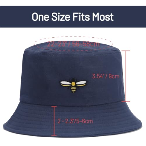 Cotton Bucket Hat for Women Men Summer Travel Sun Beach Bucket Cap, Unisex Outdoor Fisherman Hat - color: Bee Navy Blue