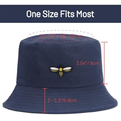 Cotton Bucket Hat for Women Men Summer Travel Sun Beach Bucket Cap, Unisex Outdoor Fisherman Hat - color: Bee Navy Blue