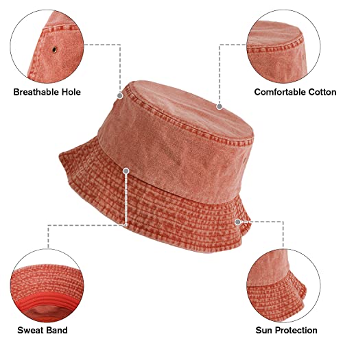 Washed Cotton Bucket Hats Packable Summer Beach Cap for Men Women - color: Ce-bh-green-red-orange