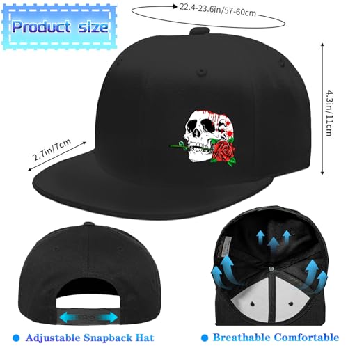 Flat Bill Hats for Men Snapback Hats for Men Baseball Cap for Men Black Snapback Women Fitting Hat - color: Skeleton Biting Flower