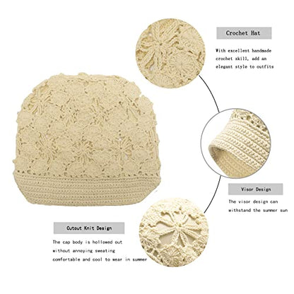 ZLYC Women Summer Slouchy Crochet Hat Handmade Cutout Skull Cap with Visor - color: Plain Beige, size: One Size