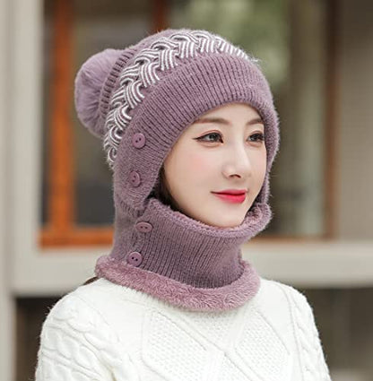 HUAMULAN Women Winter Knit Balaclava Fleece Lined Hooded Beanie Hats - color: Purple, size: One Size