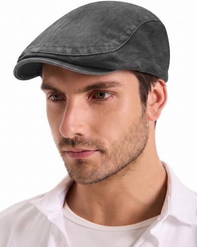 ZLYC Men Cotton Flat Cap Summer Scally Newsboy Beret Driver Hat - color: Washed Gray