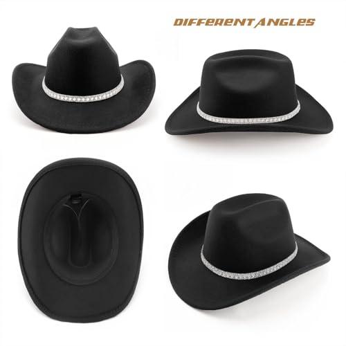 DRESHOW Western Cowboy Hat for Women and Men Wide Brim Glitter Cowboy Cowgirl Hat with Rhinestone Felt Fedora Hats - color: 1 Pack Style 10: Black
