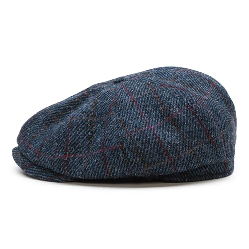 Sterkowski Shelby | 100% Harris Tweed Newsboy Cap for Men | 8 Panel Peaky Style Hat - color: Blue/Red Check, size: 7 1/4