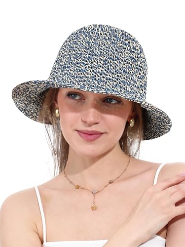 sy soul young Women's Straw Sunhat Wide Brim Hand Woven Beach Bucket Hat - color: Beige & Blue