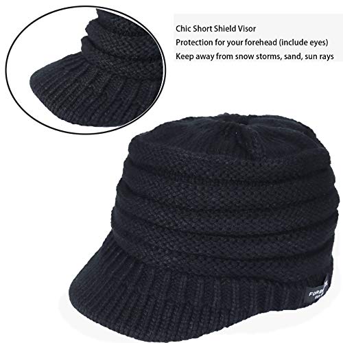 Women's BeanieTail Warm Knit Hat Messy High Bun Ponytail Visor Beanie Cap - color: B324-black, size: Medium