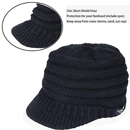 Women's BeanieTail Warm Knit Hat Messy High Bun Ponytail Visor Beanie Cap - color: B324-black, size: Medium