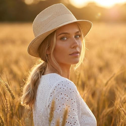 DRESHOW Women Straw Panama Hat Travel Fedora Beach Sun Hat Summer Wide Brim Straw Roll up Hat UPF 50+ - color: 1 Pc Roll Up Hat: Beige + 2 Replaceable Bands