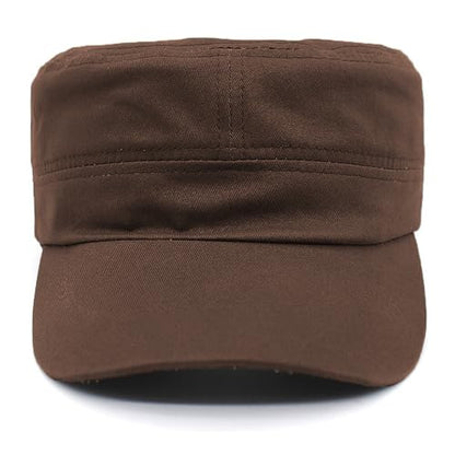 Cadet Army Cap Military Style Adjustable Flat Top Cap Unisex Basic Baseball Hat for Men Women - color: Brown
