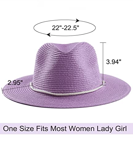 Women Straw Fedora Hat Summer Panama Beach Sun Hats UV UPF50+ Cap - color: Purple