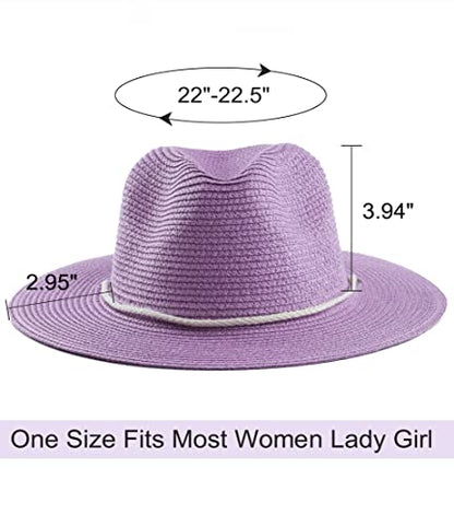 Women Straw Fedora Hat Summer Panama Beach Sun Hats UV UPF50+ Cap - color: Purple