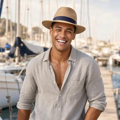 Straw Panama Hat for Men Women, Beach Sun Fedora Hat - color: Khaki-blue