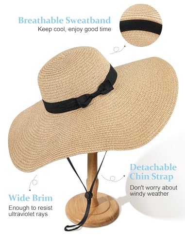 Floppy Sun Hats for Women, Summer Wide Brim Straw Beach Hat - color: Khaki Beige, size: X-Large