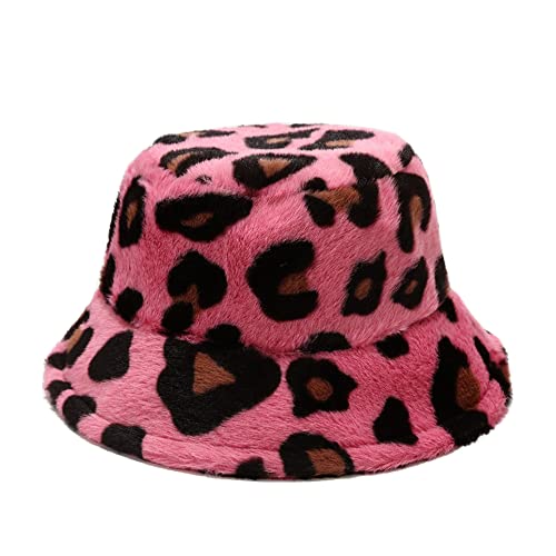 Dirholl Women's Winter Faux Fur Fuzzy Warm Bucket Hat - color: Big Leopard Rose