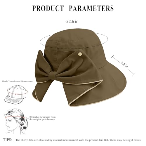 Women's Foldable Wide Brim Bowknot Bucket Hat Sun Protective - color: Brown