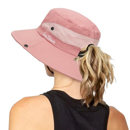 Women's Outdoor-UV-Protection-Foldable-Sun-Hats-Wide-Brim Hat Ponytail-Hole - color: Pure Pink