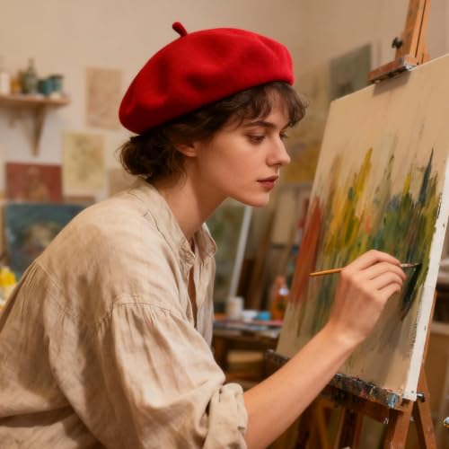 Women Classic French Beret Hat Irish Painter Cap Warm Wool Artist Beanie Hat Lady Fancy Dress - color: B-red