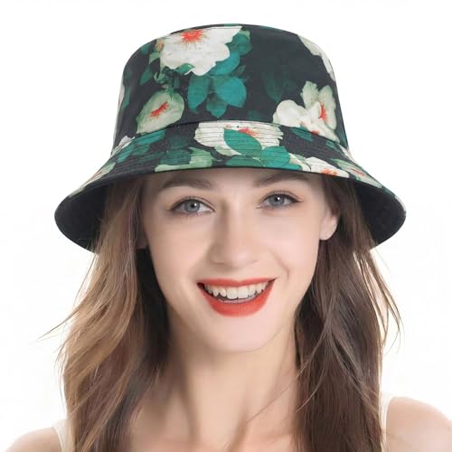 ZLYC Printed Bucket Hat for Women Men Packable Summer Sun Hat for Beach - color: Floral Black