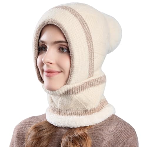 HUAMULAN Women Winter Knit Beanie Hats One Piece Fleece Lined Balaclavas - color: Beige + Khaki Stripe